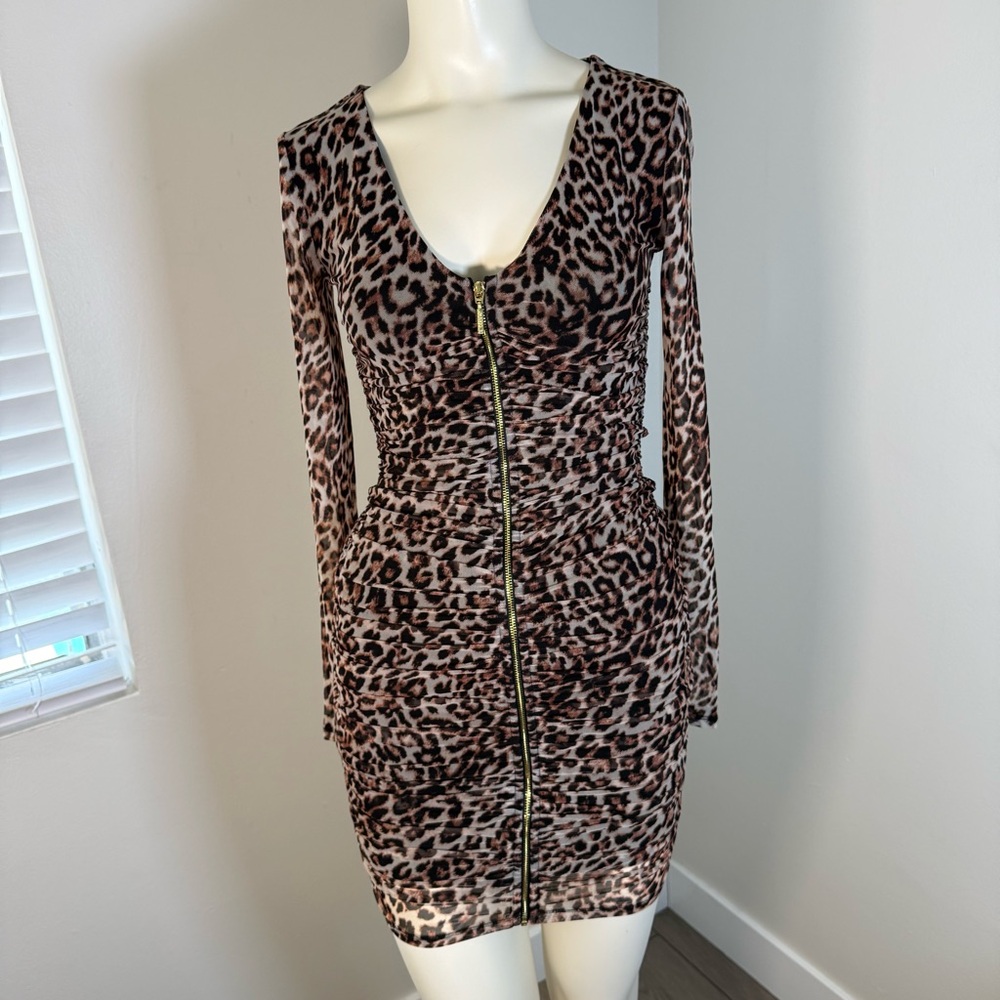 Guess Mesh Leopard Print Long Sleeve Zip-Front Bodycon Dress - Brown
